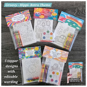 Groovy or Hippe Theme Party Favor Bags.  1 bag (1 child) includes 8-4x6 Cards, Personalized Topper & either 5 assorted Crayons or Paint