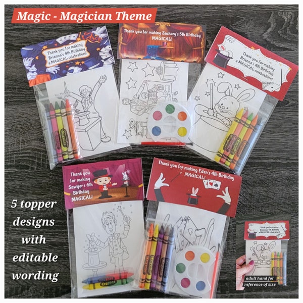 Magic Theme Party Favor Bags.  1 bag (1 child) includes 8-4x6 Cards, Personalized Topper & either 5 assorted Crayons or Paint