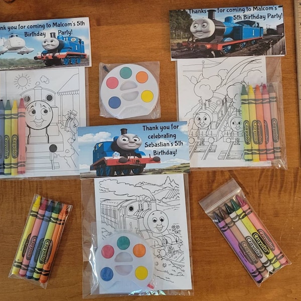 Train theme Party Favor Bags.  1 bag (1 child) includes 8-4x6 Cards, Personalized Topper & either 5 assorted Crayons or Paint