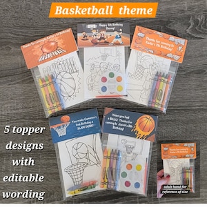 Basketball Theme Party Favor Bags.  1 bag (1 child) includes 8-4x6 Cards, Personalized Topper & either 5 assorted Crayons or Paint