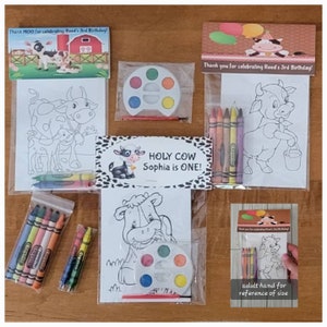Moo Moo, Cow or Holy Cow Party Favors.  1 bag (1 child) includes 8-4x6 Cards, Personalized Topper & either 5 assorted Crayons or Paint