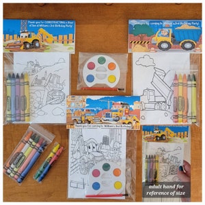 May include: Construction themed party favor bags with coloring pages, crayons, and paint sets. The bags feature construction vehicles and the text "Thank you for coming to William's 3rd Birthday!"