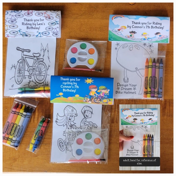 Bicycle Theme Party Favors.  1 bag (1 child) includes 8-4x6 Cards, Personalized Topper & either 5 assorted Crayons or Paint