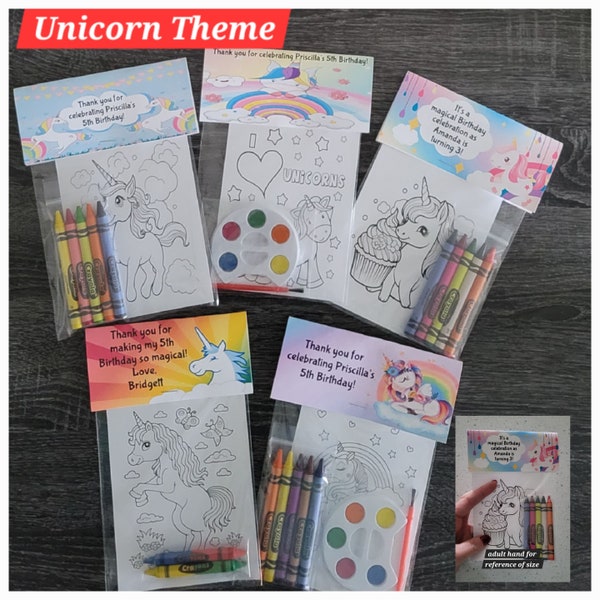 Unicorn Theme Party Favor Bags.  1 bag (1 child) includes 8-4x6 Cards, Personalized Topper & either 5 assorted Crayons or Paint