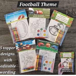 Football Theme Party Favor Bags.  1 bag (1 child) includes 8-4x6 Cards, Personalized Topper & either 5 assorted Crayons or Paint
