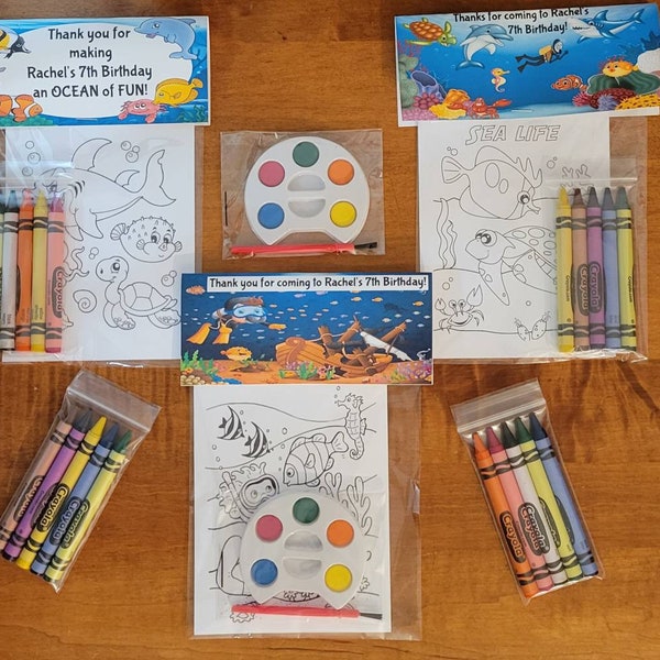 Under the Sea theme Party Favor Bags.  1 bag (1 child) includes 8-4x6 Cards, Personalized Topper & either 5 assorted Crayons or Paint