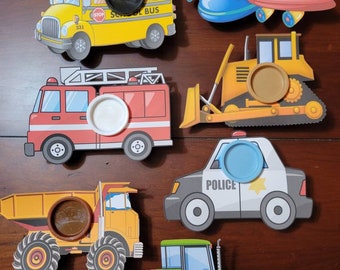 Dump Truck, Firetruck and Tractor Play-Doh Party Favor Cards with Personalized Topper, Vehicle Party Favors, Transportation Party