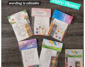 Fairy Theme Favors Crayons or Painting Favor Bags.  1 Bag (1 child) includes 8-4x6 themed cards, personalized Topper & choice of craft theme