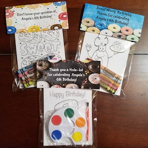 Two Sweet or Donut Theme Party Favor Bags.  1 bag (1 child) includes 8-4x6 Cards, Personalized Topper & either 5 assorted Crayons or Paint