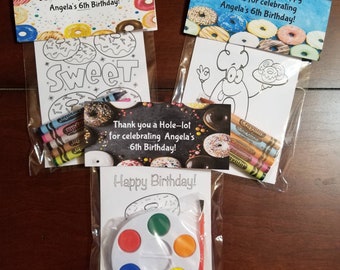 Two Sweet or Donut Theme Party Favor Bags.  1 bag (1 child) includes 8-4x6 Cards, Personalized Topper & either 5 assorted Crayons or Paint
