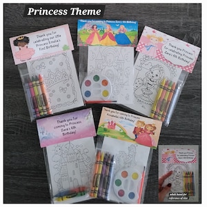 May include: Princess-themed party favors, each in a clear bag. Favors include coloring pages, crayons, and watercolor paint sets. The bags have labels with princess illustrations and birthday messages. The text "Princess Theme" is at the top.