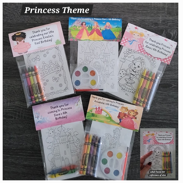 Princess Theme Party Favors.  1 bag (1 child) includes 8-4x6 Theme Cards, Personalized Topper & craft option