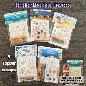 Under the Sea theme Party Favor Bags.  1 bag (1 child) includes 8-4x6 Cards, Personalized Topper & either 5 assorted Crayons or Paint