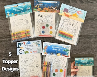 Under the Sea theme Party Favor Bags.  1 bag (1 child) includes 8-4x6 Cards, Personalized Topper & either 5 assorted Crayons or Paint
