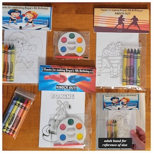 Boxing Theme Party Favor Bags.  1 bag (1 child) includes 8-4x6 Cards, Personalized Topper & either 5 assorted Crayons or Paint