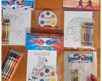 May include: A set of party favor bags for a boxing themed birthday party. Each bag contains a coloring page, crayons, a small paint set, and a thank you tag that says "Thanks for making Bryce's 4th Birthday a Knock Out!"