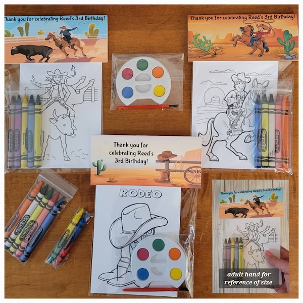 Rodeo, Western, Cowboy/Cowgirl Party Favors,  1 bag (1 child) includes 8-4x6 Cards, Personalized Topper & either 5 assorted Crayons or Paint