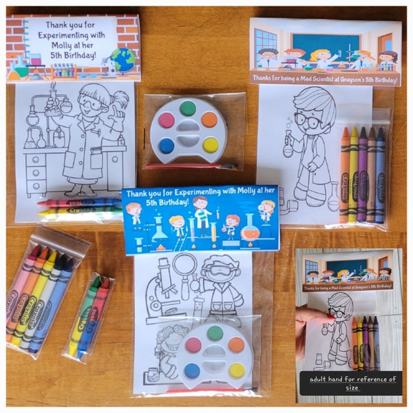 Science Theme Party Favors.  1 bag (1 child) includes 8-4x6 Cards, Personalized Topper & either 5 assorted Crayons or Paint