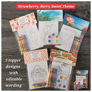 Strawberry-Berry 1st Theme Party Favor Bags.  1 bag (1 child) includes 8-4x6 Cards, Personalized Topper & either 5 assorted Crayons or Paint