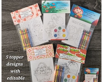 Strawberry-Berry 1st Theme Party Favor Bags.  1 bag (1 child) includes 8-4x6 Cards, Personalized Topper & either 5 assorted Crayons or Paint