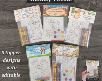 Monkey Theme Party Favors.  1 bag (1 child) includes 8-4x6 Cards, Personalized Topper & either 5 assorted Crayons or Paint