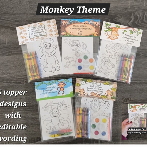 Monkey Theme Party Favors.  1 bag (1 child) includes 8-4x6 Cards, Personalized Topper & either 5 assorted Crayons or Paint