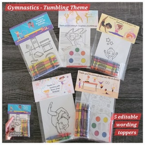 Gymnastics-Tumbling Crayons or Painting Favor Bags.  1 Bag (1 child) includes 8-4x6 cards, Topper & either 5 assorted Crayons or Paint