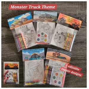 Monster Truck or Truck Theme Favors 1 Bag (1 child) includes 8-4x6 cards, Topper & either 5 assorted Crayons or Paint or both