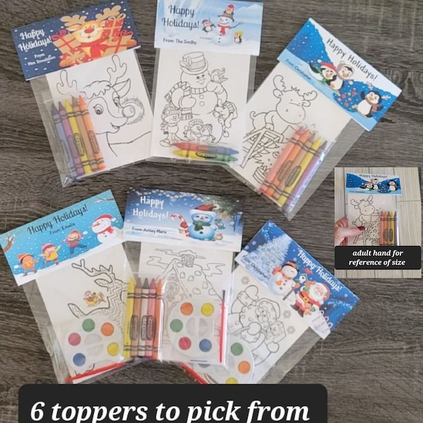 Christmas Theme Coloring or Painting Stocking Stuffer Bag, (1 Bag, 9 4x6 cards, 5 sealed crayons or paint, & topper) Kids Stocking Stuffer,