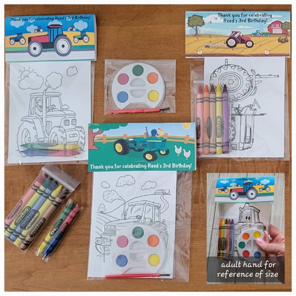 Tractor, Farm theme Party Favors.  1 bag (1 child) includes 8-4x6 Cards, Personalized Topper & either 5 assorted Crayons or Paint