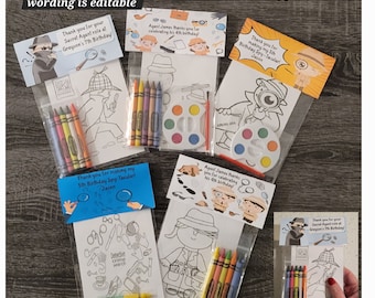 Detective-Spy Theme Favors Crayons or Painting Bags.  1 Bag (1 child) includes 8-4x6 cards, Topper & either 5 assorted Crayons or Paint