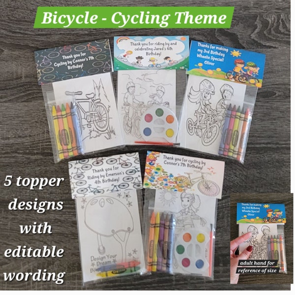 Bicycle Theme Party Favors.  1 bag (1 child) includes 8-4x6 Cards, Personalized Topper & either 5 assorted Crayons or Paint