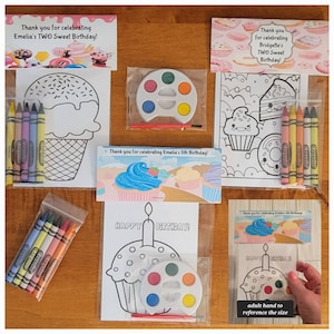 Two Sweet or Sweets Party Favors.  1 Bag (1 child) includes 8-4x6 cards, Personalized Topper & either 5 assorted Crayons or Paint