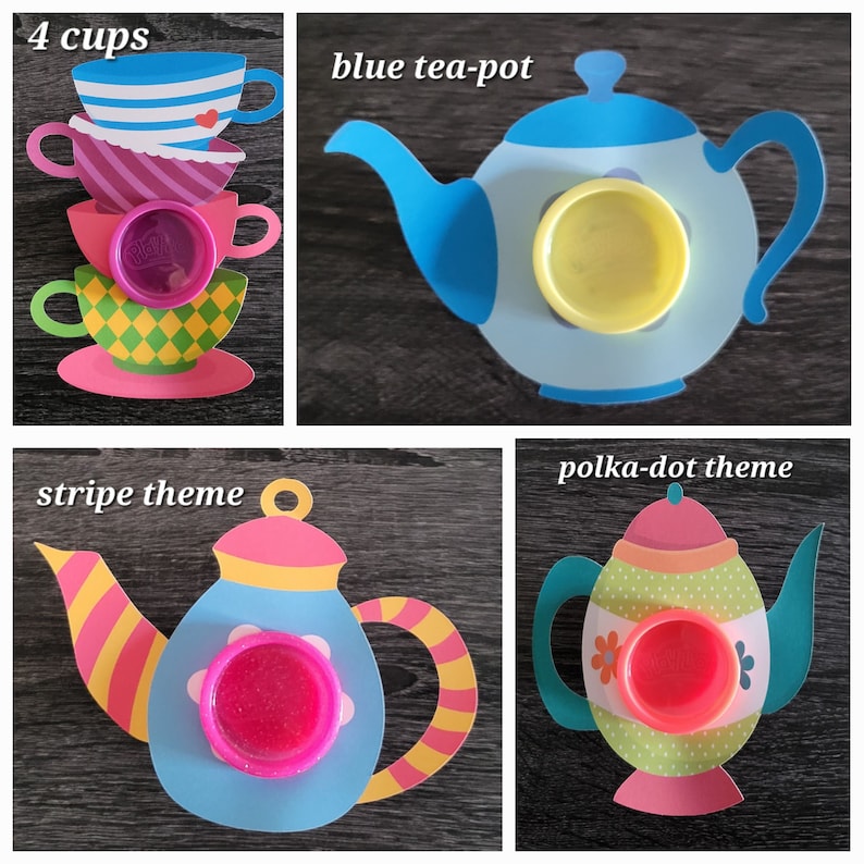 May include: Four paper teacups stacked on top of each other, a blue teapot, a teapot with a pink and yellow stripe pattern, and a teapot with a polka dot pattern. Each teapot has a circle cut out for a lid, and the text "4 cups", "blue tea-pot", "stripe theme", and "polka-dot theme" is written above each item.