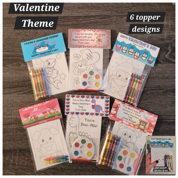 Valentine Theme Coloring or Painting Favor Bags, (1 Bag, 8 4x6 cards, 5 sealed crayons or paint pallet, & topper) Kids Valentine Gifts