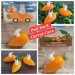 May include: A set of four pull-back carrot cars with bunny rabbits in the driver's seat. The cars are orange and green and have wheels. The cars are packaged in a clear plastic bag with a tag that says "Happy Easter! From Your Friend, Kevin".