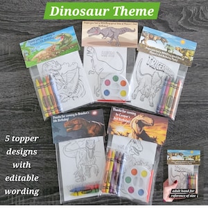 Dino or Dinosaur Party Favor Bags.  1 bag (1 child) includes 8-4x6 Cards, Personalized Topper & either 5 assorted Crayons or Paint