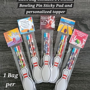 Bowling Theme Party Favor, Bowling Party, 1 Favor has 3 assorted pencils, mini bowling pin sticky note pad and personalized topper