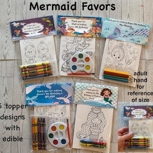 Mermaid Party Favor Bags.  1 bag (1 child) includes 8-4x6 Cards, Personalized Topper & either 5 assorted Crayons or Paint