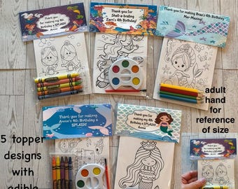 Mermaid Party Favor Bags.  1 bag (1 child) includes 8-4x6 Cards, Personalized Topper & either 5 assorted Crayons or Paint
