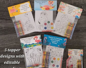 Flamingo Theme Favors Crayons or Painting Favor Bags.  1 Bag (1 child) includes 8-4x6 cards, Topper & either 5 assorted Crayons or Paint
