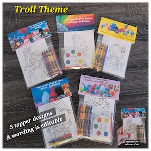 Troll Theme Party Favor Bags.  1 bag (1 child) includes 8-4x6 Cards, Personalized Topper & either 5 assorted Crayons or Paint