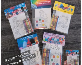 Troll Theme Party Favor Bags.  Troll Party Favors, 1 bag (1 child) includes 8-4x6 Cards, Personalized Topper & craft of choice