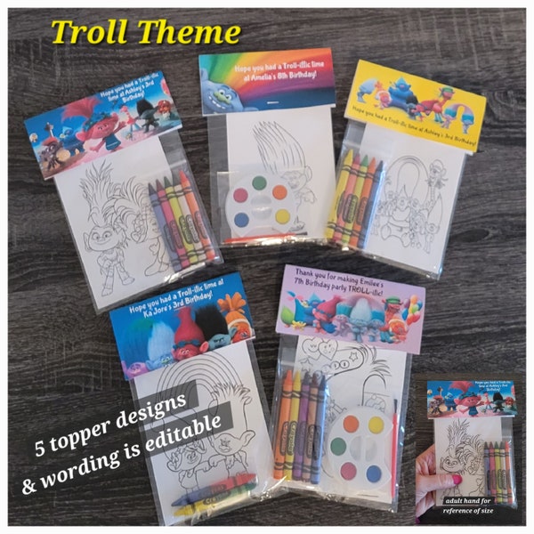 Troll Theme Party Favor Bags.  1 bag (1 child) includes 8-4x6 Cards, Personalized Topper & either 5 assorted Crayons or Paint