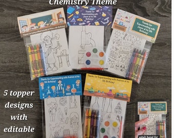May include: A collection of science-themed party favors. Each favor includes a coloring page, crayons, and a topper with text. The toppers read "Science - Experimenting - Chemistry Theme" and "Thanks for Experimenting with [Name] at his 5th Birthday!"
