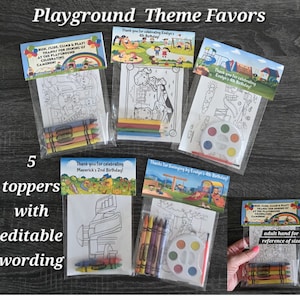 Playground Theme Party Favor Bags.  1 bag (1 child) includes 8-4x6 Cards, Personalized Topper & either 5 assorted Crayons or Paint