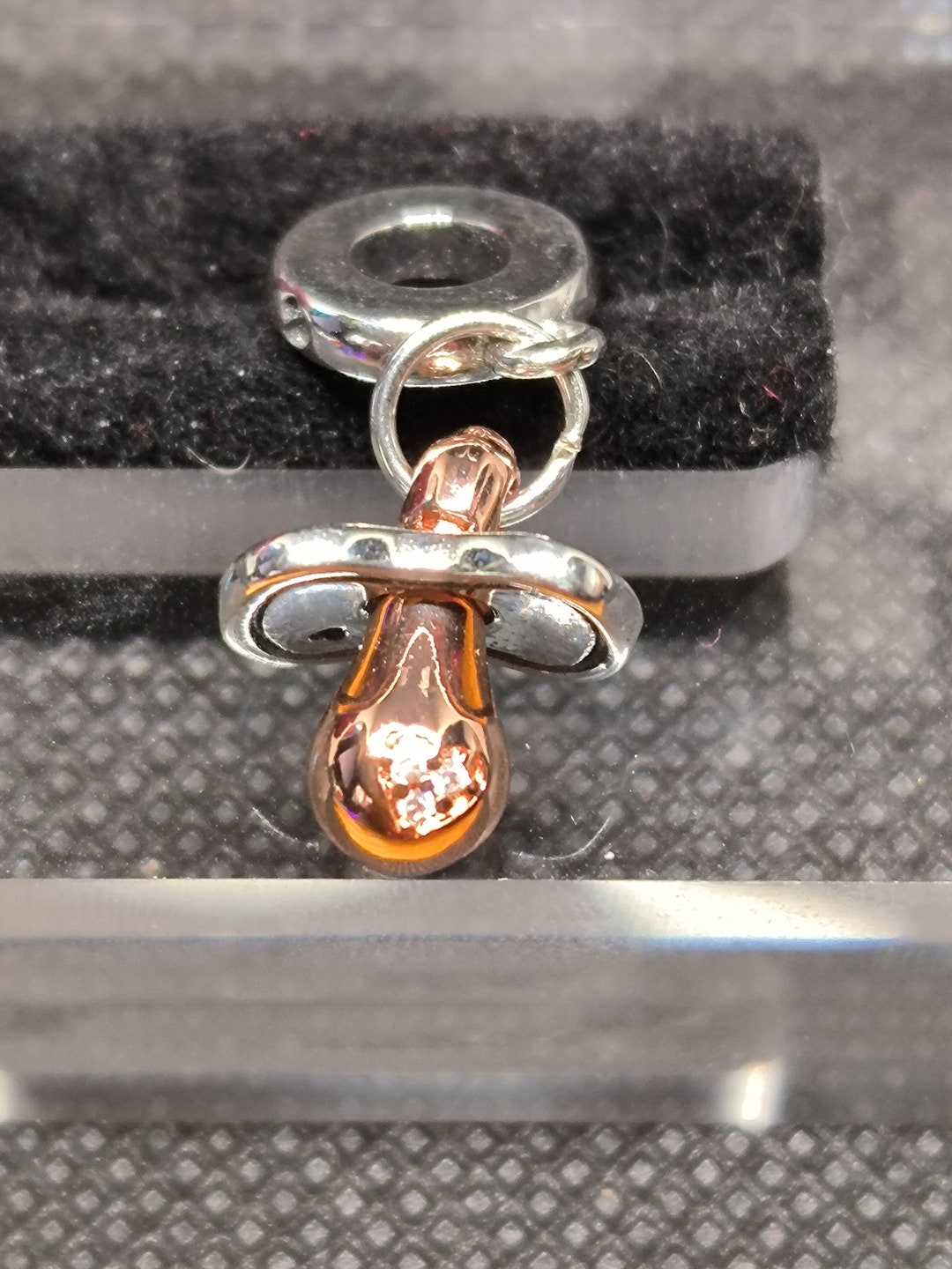 Pandora Style Baby Pacifier Charm 925 Silver and Rose Gold Rhinestones