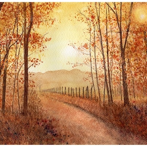 Cartão de cumprimentos da floresta de outono de uma pintura em aquarela original