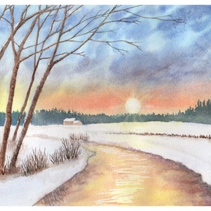 Winter-Sonnenuntergang-Grußkarte von einem Original-Aquarellgemälde