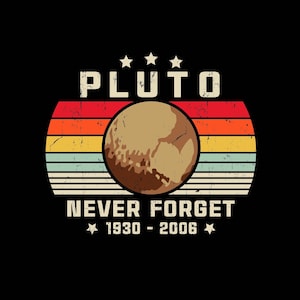 以下が含まれることがあります： レトロなスタイルのグラフィックで、茶色とオレンジの惑星、ストライプの背景、そして「Pluto Never Forget 1930 - 2006」というテキストが書かれています。